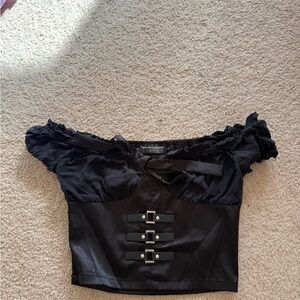 Maniere De Voir Black Off the Shoulder Crop Top with Buckle Accents